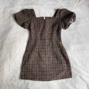 Tweed Puff-Sleeve Squareneck Mini Dress